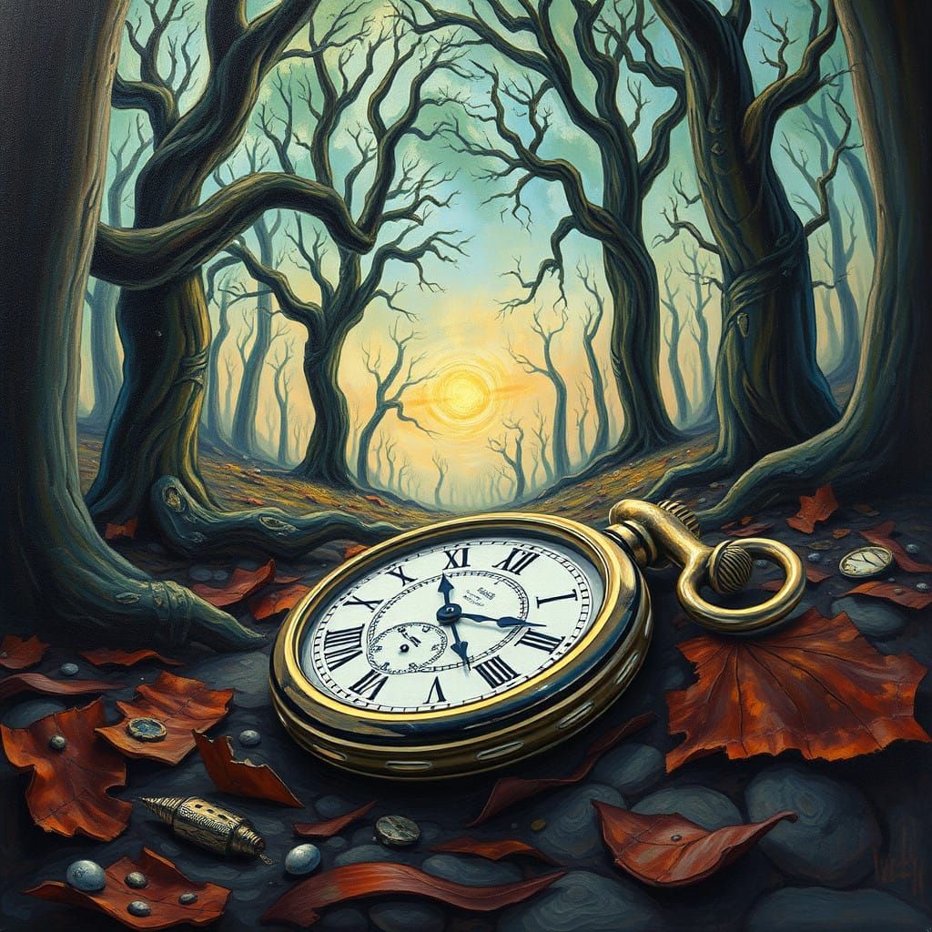 Surrealist Pocket Watch in Neo-Impressionist Oil Painting St...