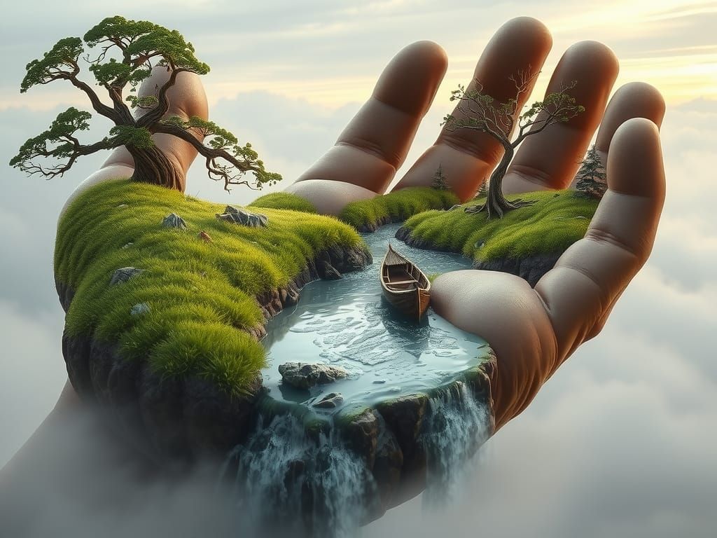 Giant Hand Emerges in Dreamlike Landscape