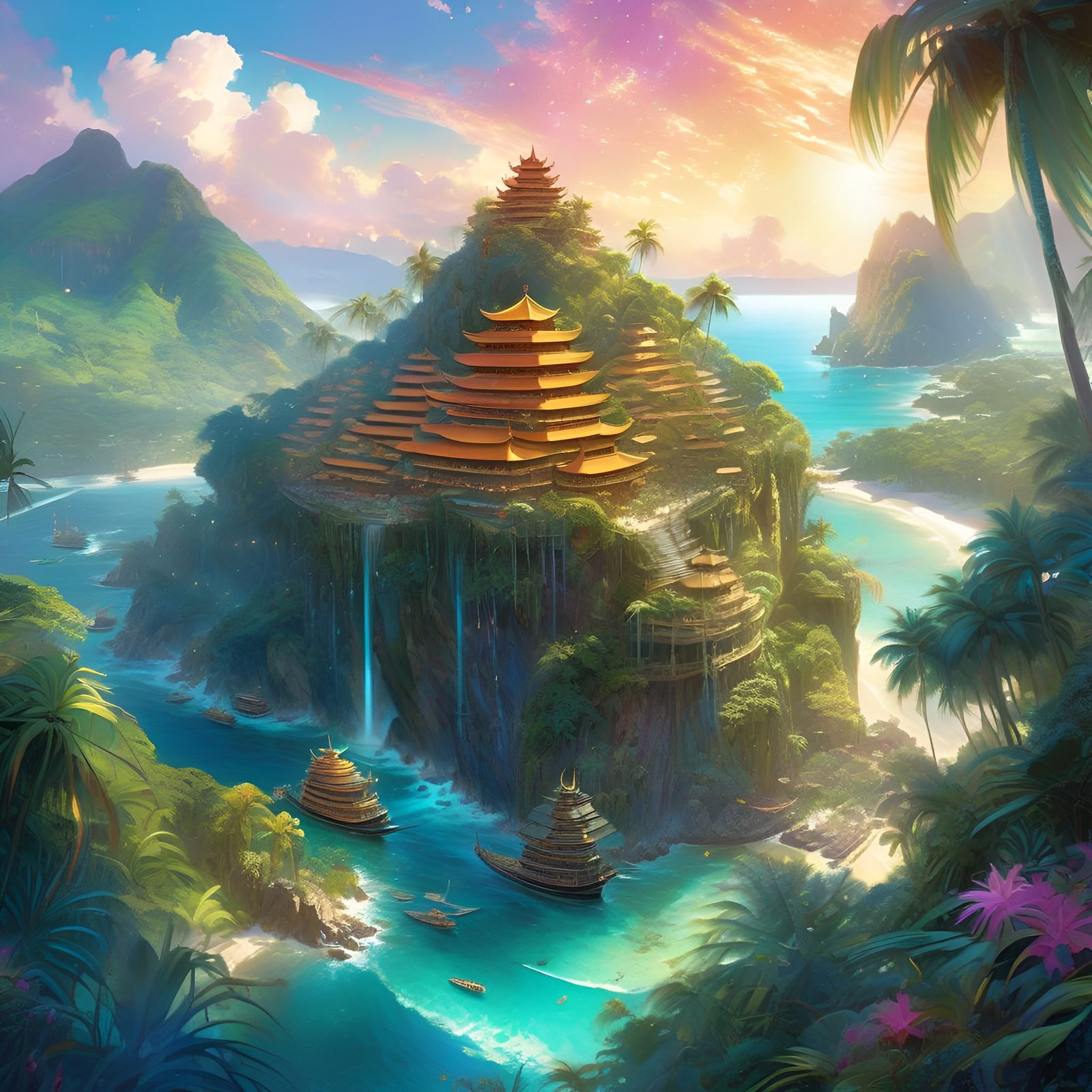 Lush Tropical Island in Sparkling Watercolor Style