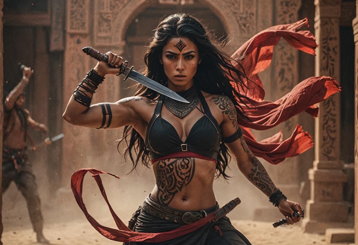 Muscular Arabian Woman Assassin in Cinematic Still