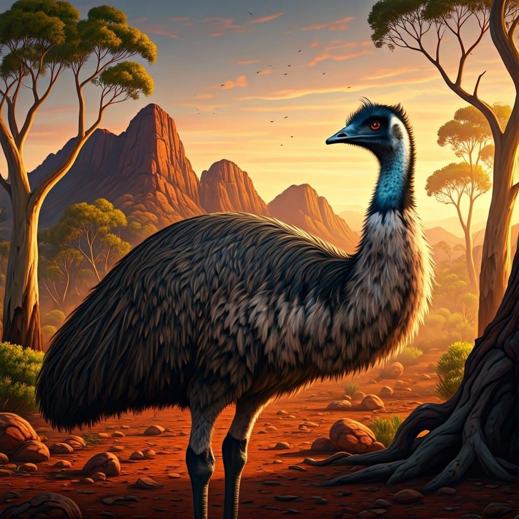 Emu Bird in Australian Outback at Sunset