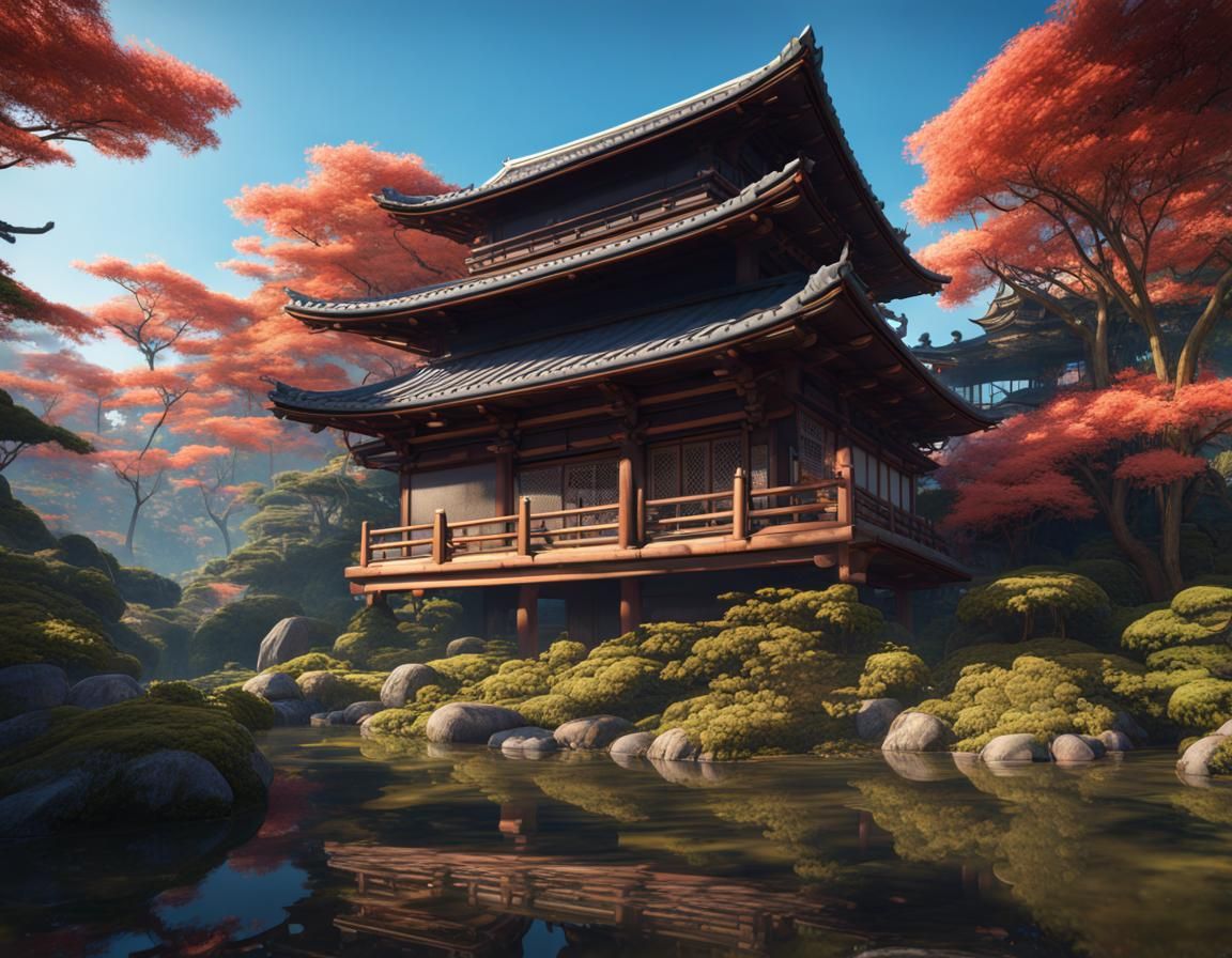Japanese Tea House in Forest, Detailed Matte Painting
