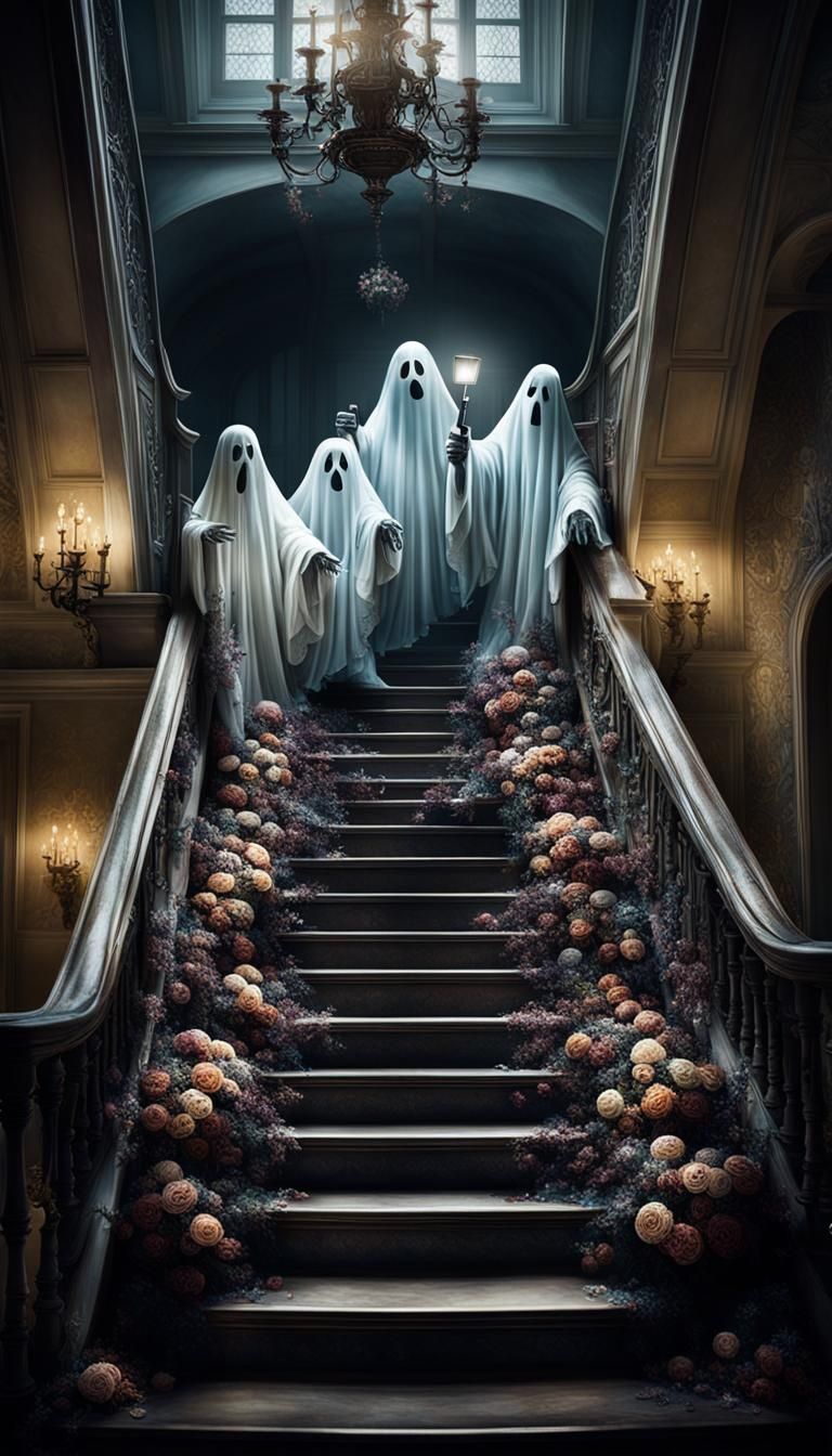 Floral Bedsheet Ghosts Take Staircase Selfies