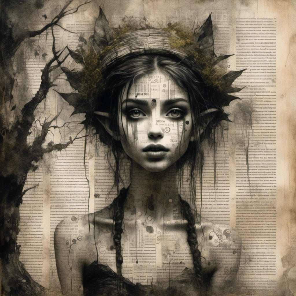 Smiling Elf Portrait with Newspaper Texture