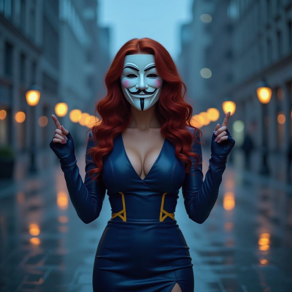 Woman in Guy Fawkes Mask in City Square