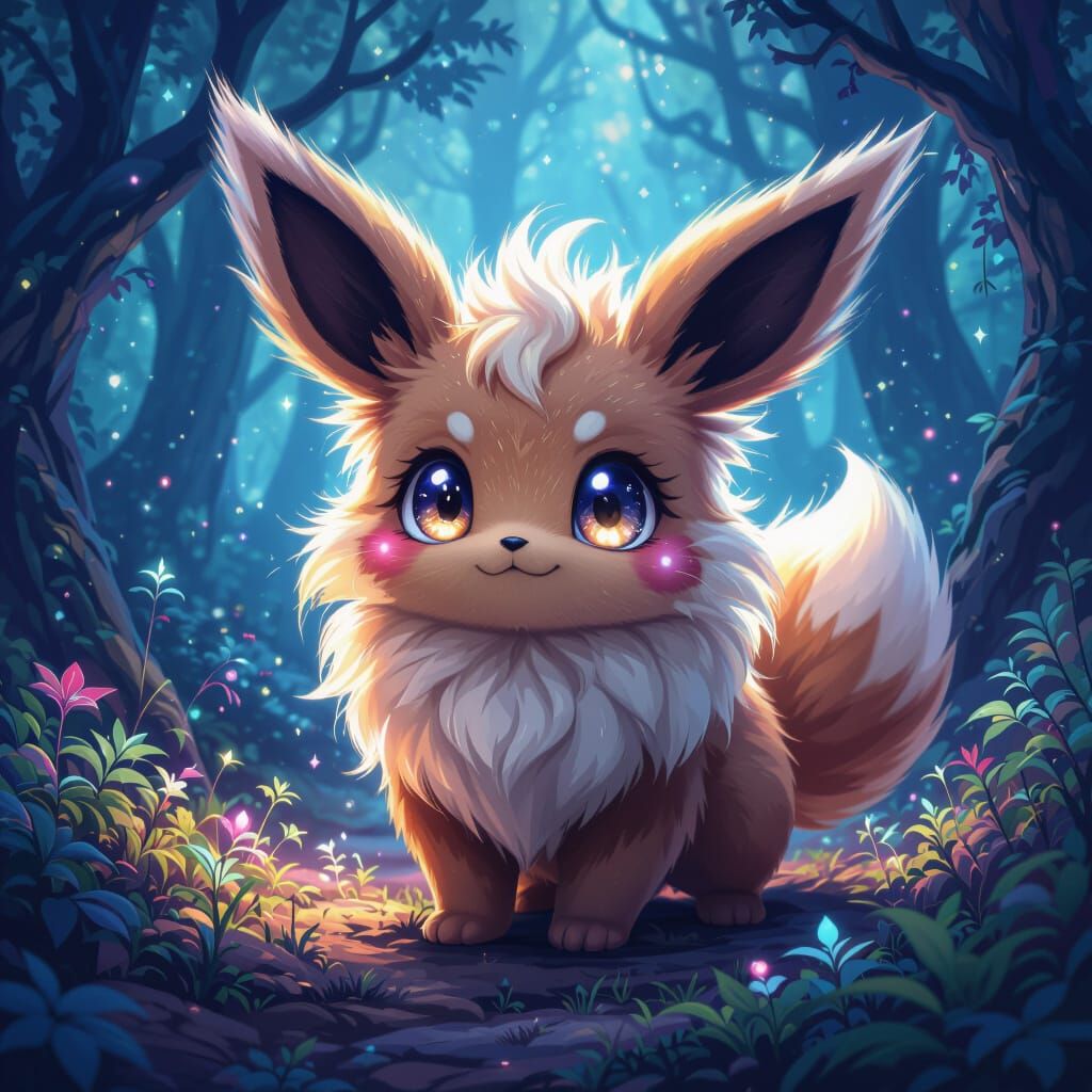 Adorable Eevee-like Creature in Bioluminescent Forest