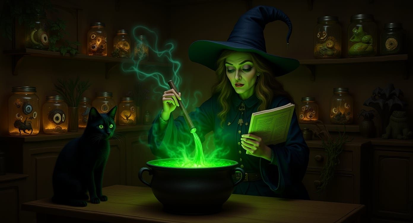 Witch Brewing Potions with Black Cat in Kitchen