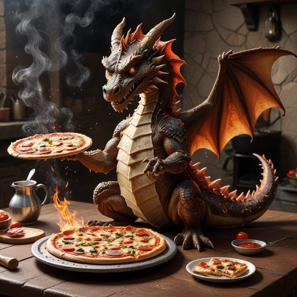Dragon Chef Cooking Pizza in Whimsical Style