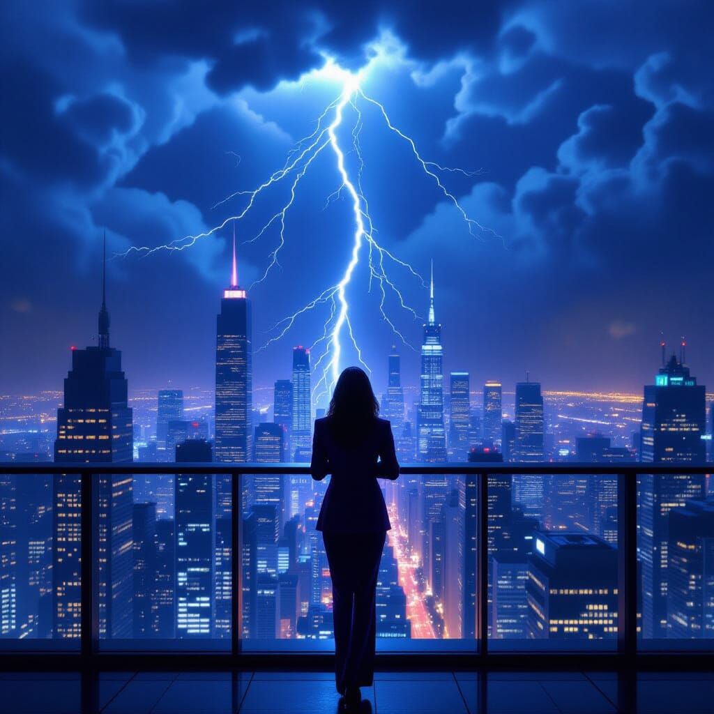 Dieselpunk Figure Gazes at Stormy Cityscape