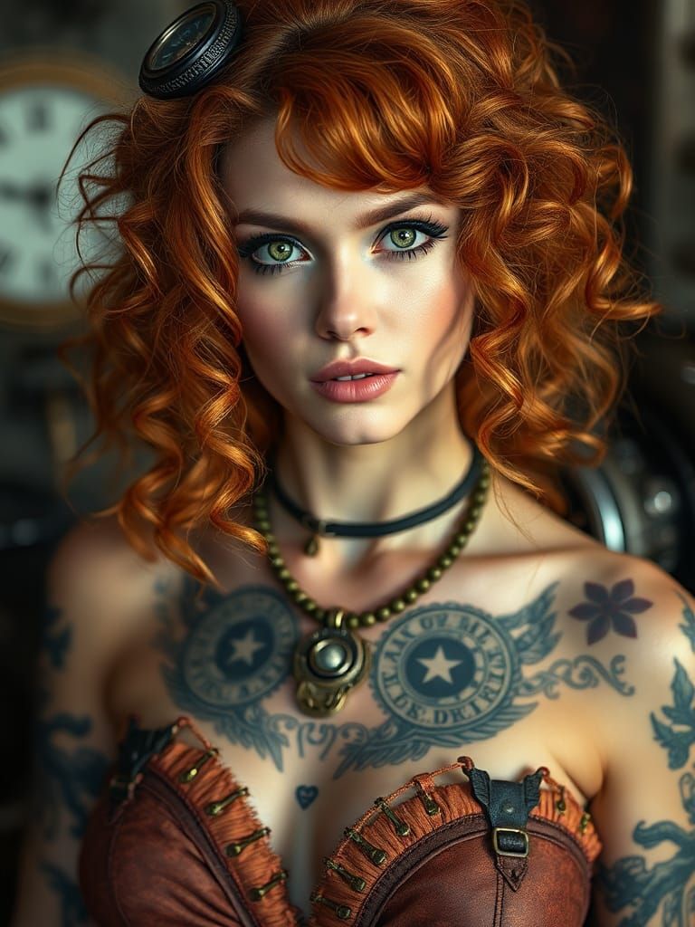 Steampunk Woman with Copper Hair and Engine
