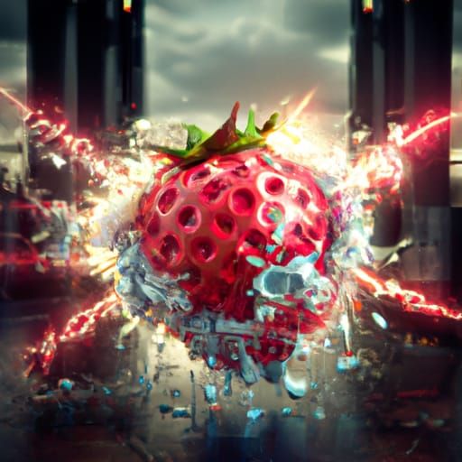Strawberry Grenade Explosion: Epic Cinematic Digital Art