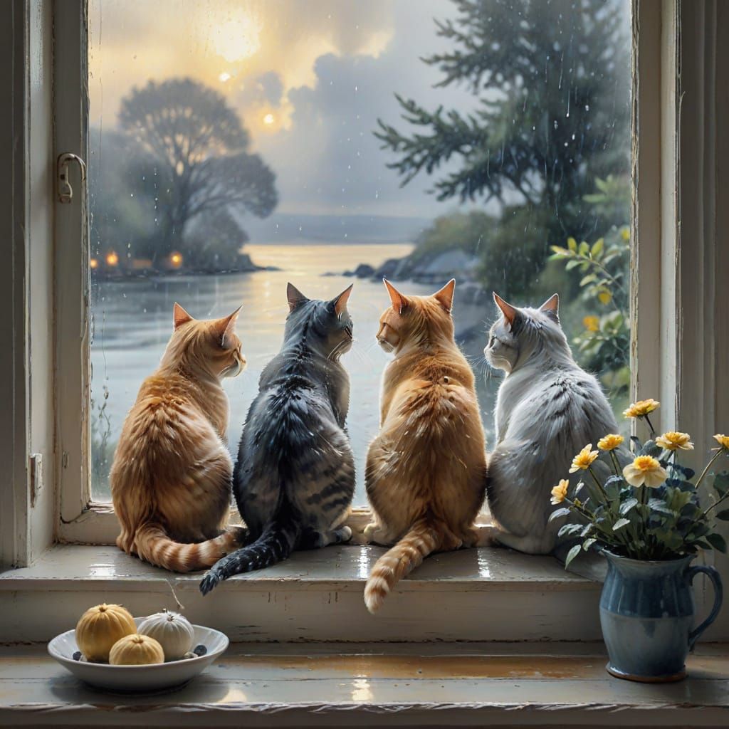 Cats Watching Rainy Sea: Whimsical Watercolor Painting