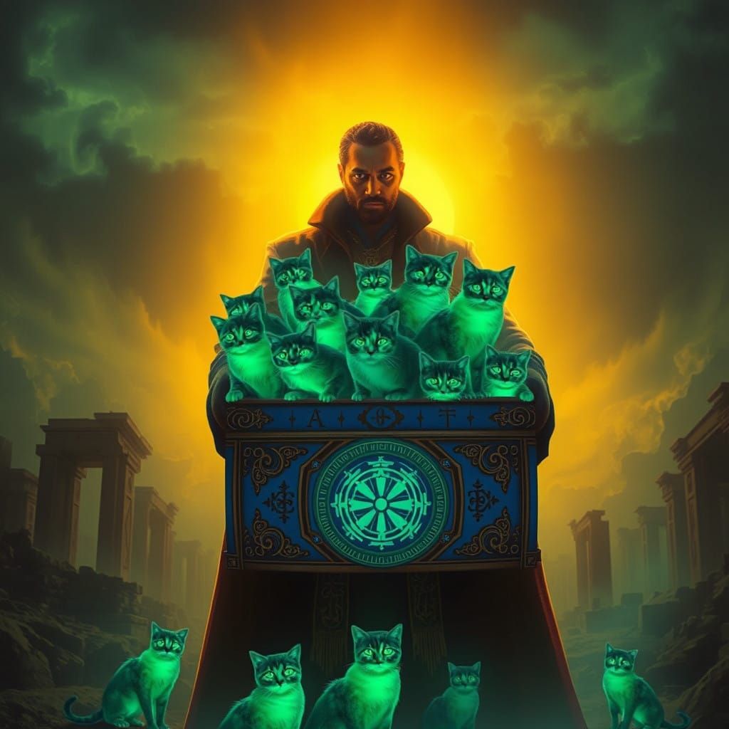 Majestic Figure Holds Enchanted Blue Box of Glowing Green Ca...