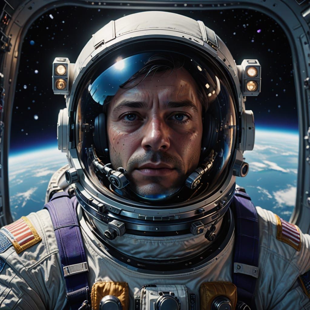 Astronaut Gazes at Earth from Spaceship Window in Hyperreali...
