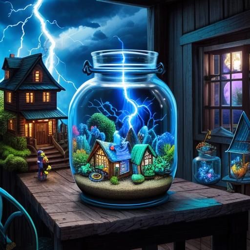 Magical Terrarium Village with Lightning, Digital Art
