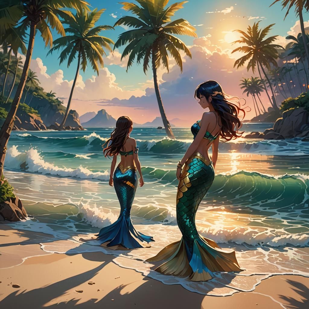 Anime Mermaids and Palms in Sunlit Ocean