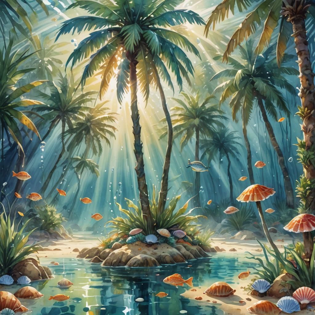 Underwater Mermaid Kingdom with Coconut Palms