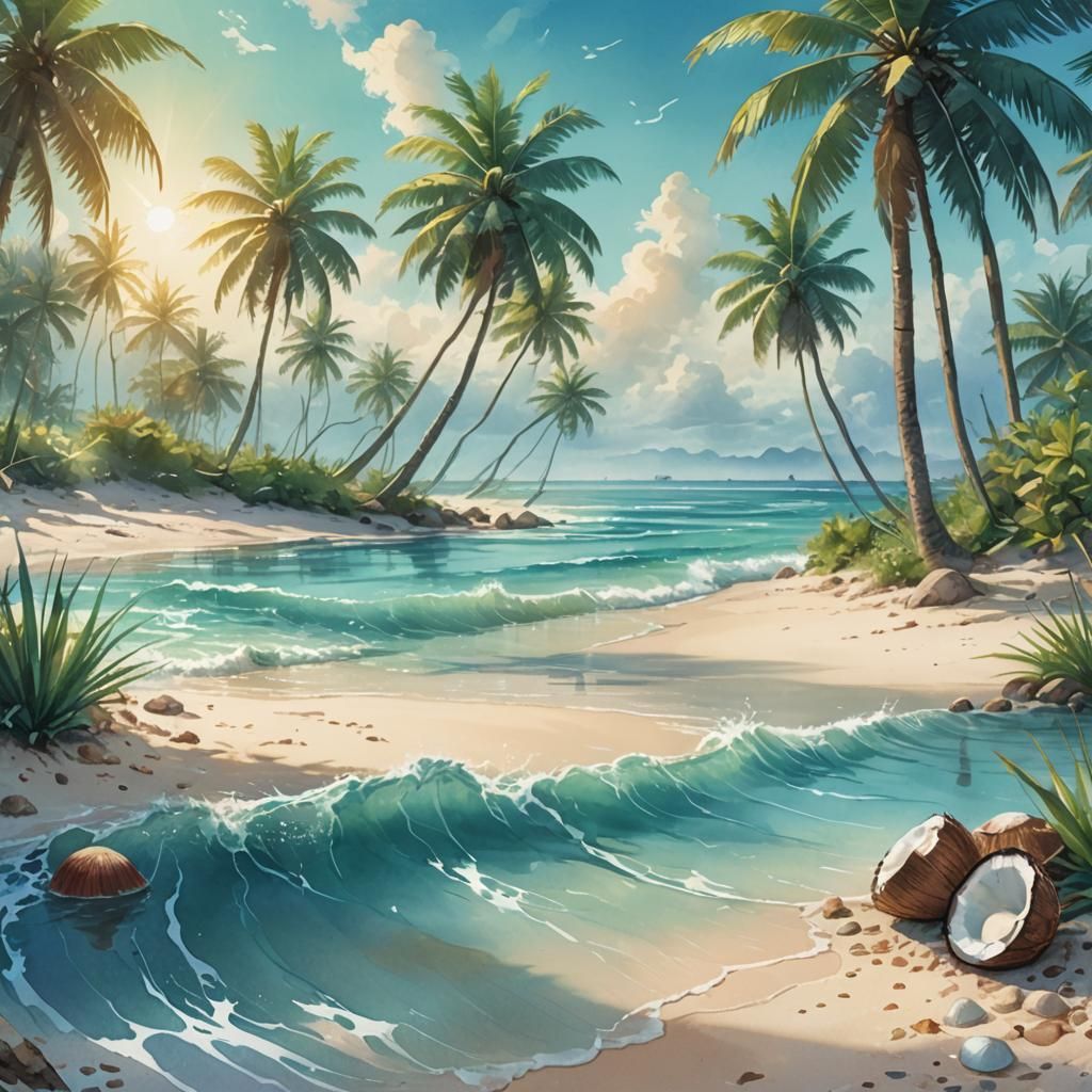 Underwater Coconut Palms in Vibrant Watercolor Style