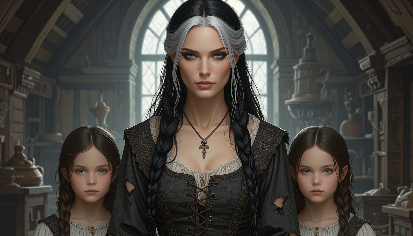 Medieval Farm Woman with Daughters in Dark Fantasy Style