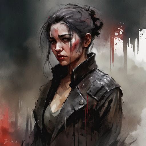 Sad Woman in Leather: Watercolour Fantasy Art