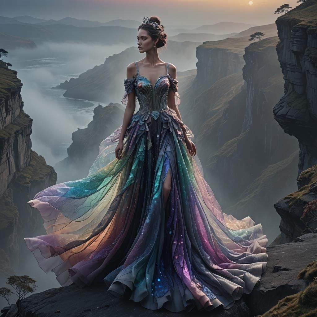 Isma-Inspired Haute Couture Gown on Misty Cliff