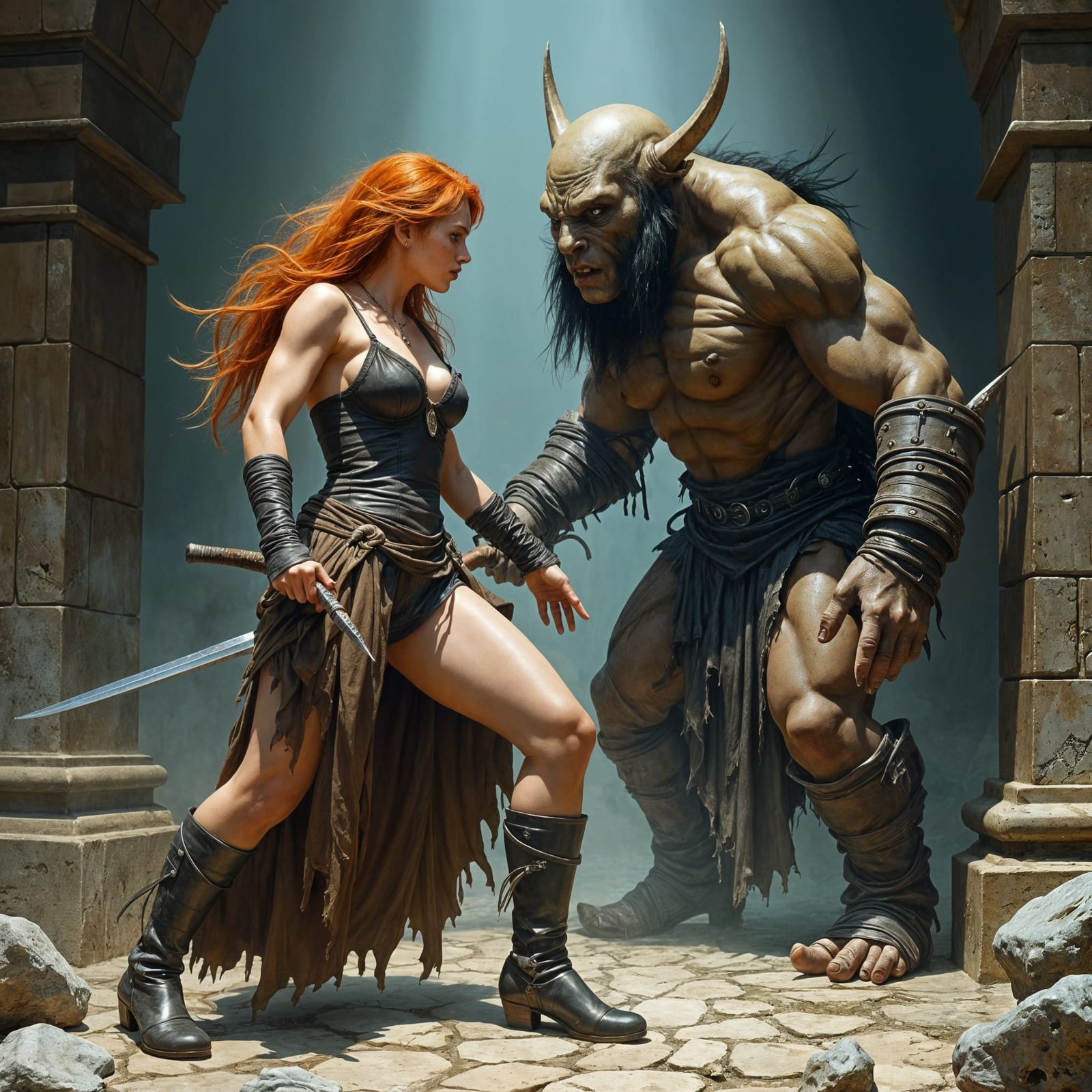 Thief vs Orc in Sinister Dungeon: Digital Illustration