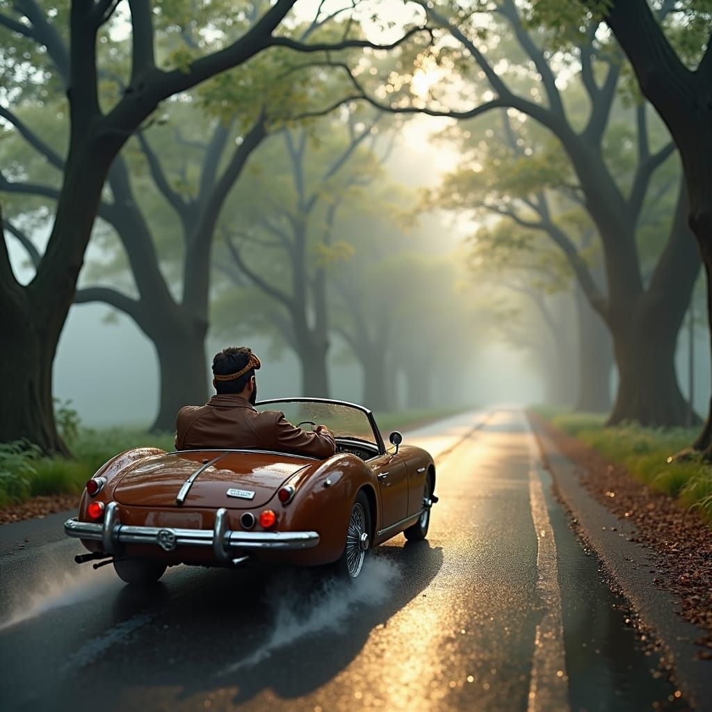 Vintage Car Adventure Through Mystical Forest