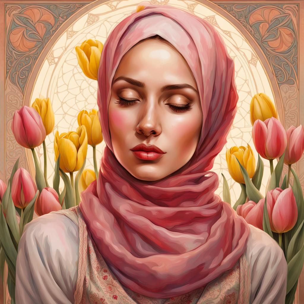 Beautiful Hijabi Woman with Tulips in Art Nouveau Style