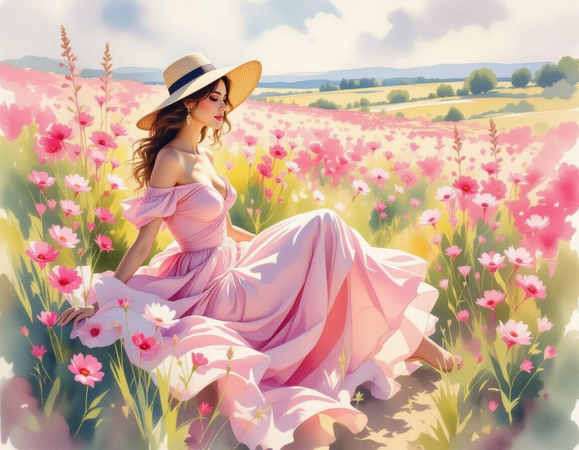 Woman in Pink Gown: a Watercolor Painting