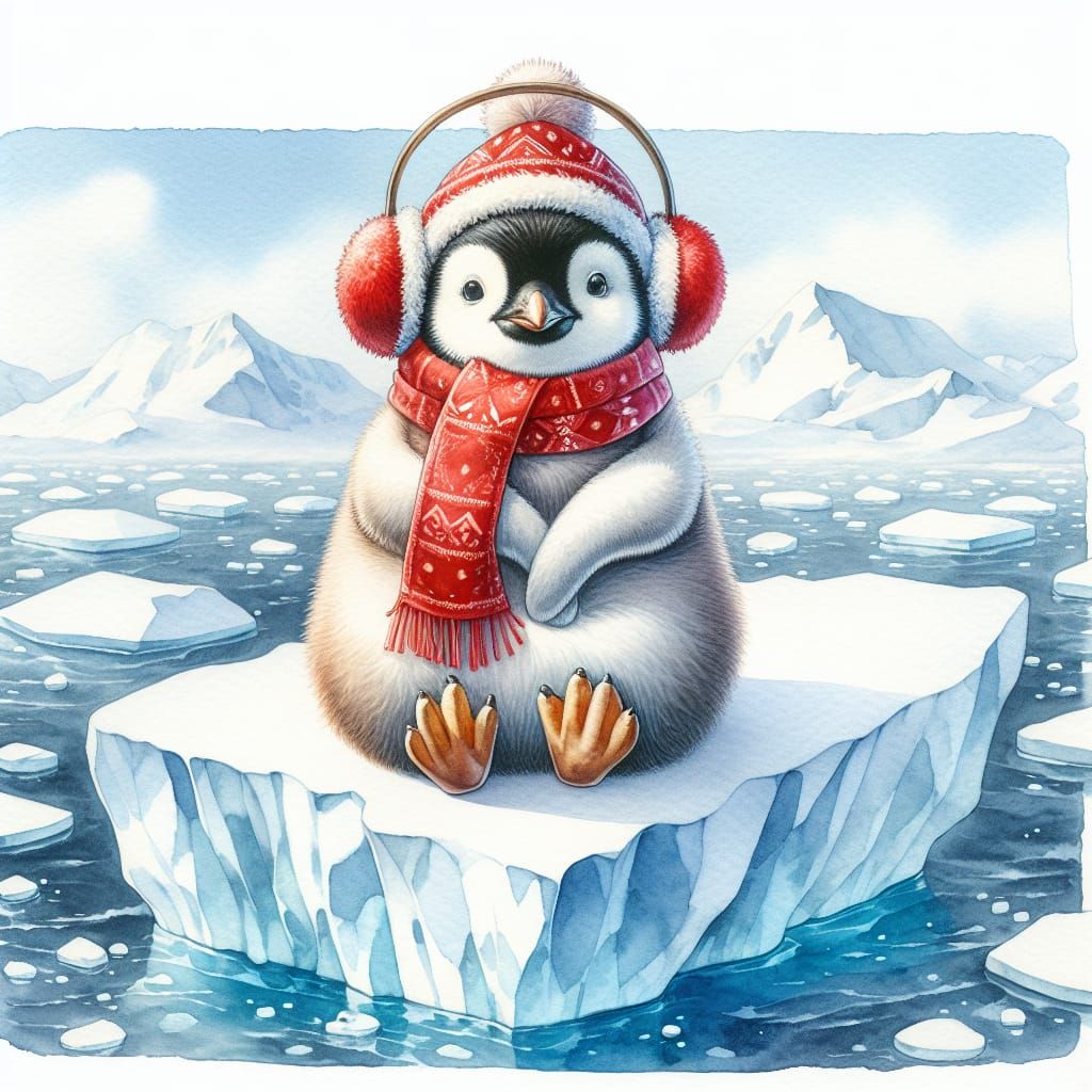 Penguin with Scarf on Iceberg, Watercolor Style
