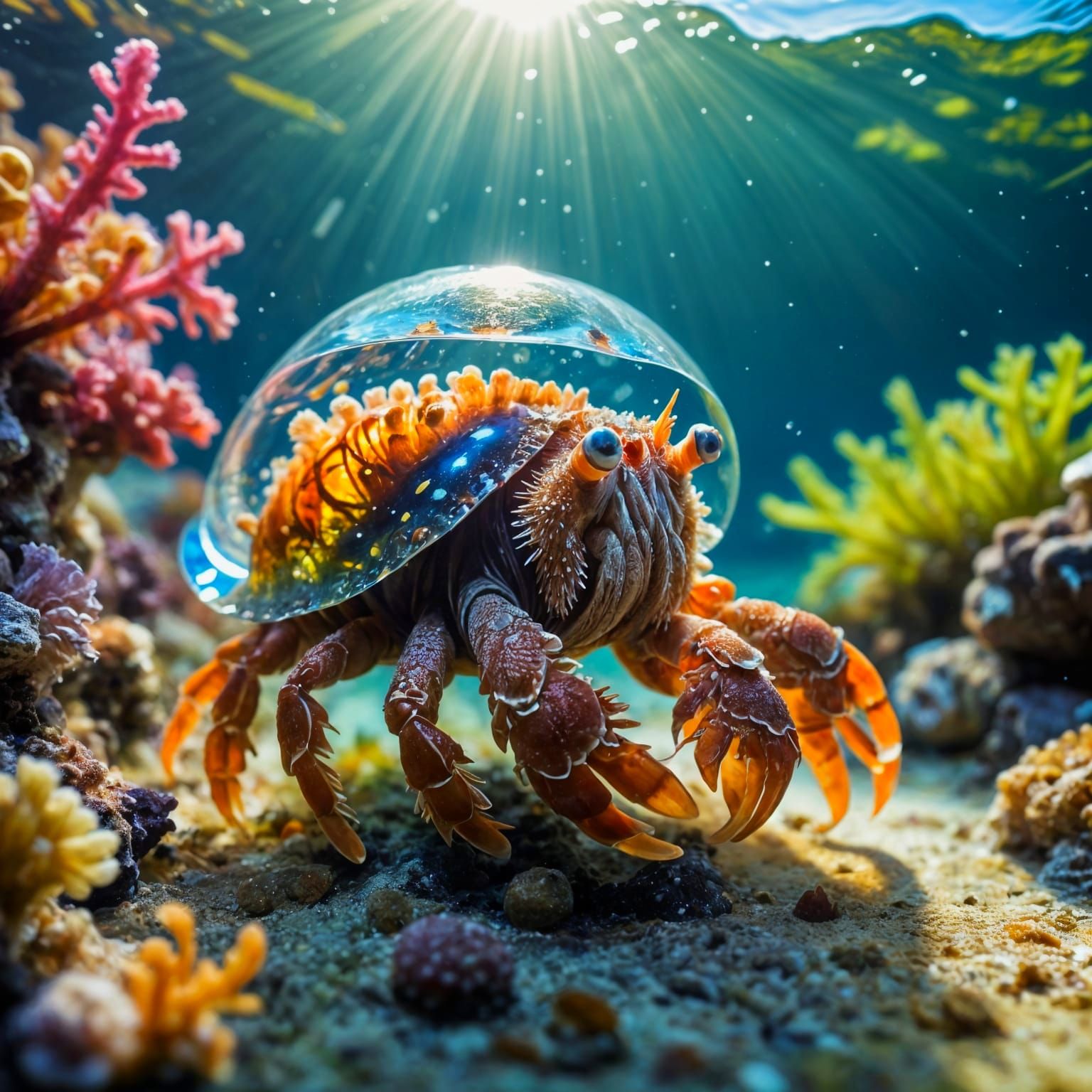 A hermit crab carried a transparent glass shell on its back
