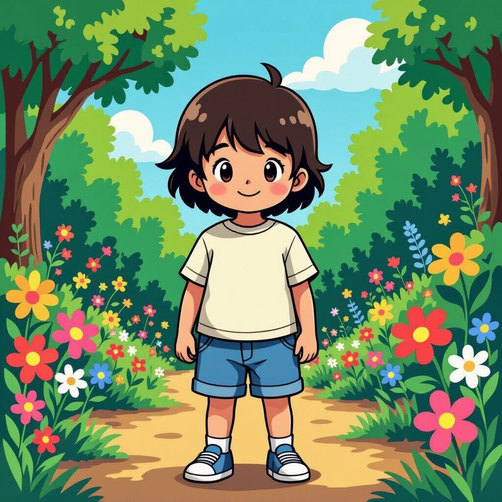 Child in Vibrant Garden, Pop Surrealism Style