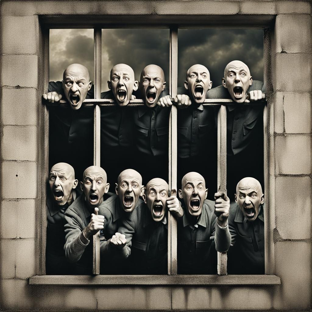 Vintage Photograph of Screaming Men Behind Bars