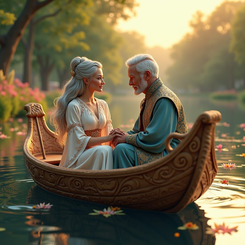 Enchanting Sunset: Couple on Mystical Boat in Stalenhag Styl...