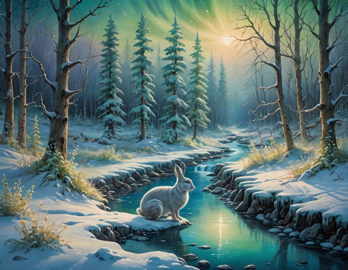 Arctic Hare in Snowy Forest Under Aurora