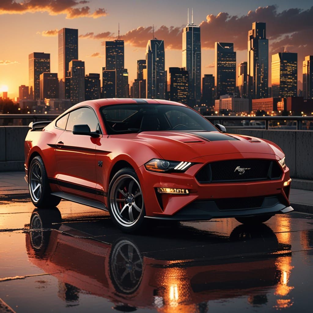 Red 2000 Ford Mustang with Racing Stripes at Sunset