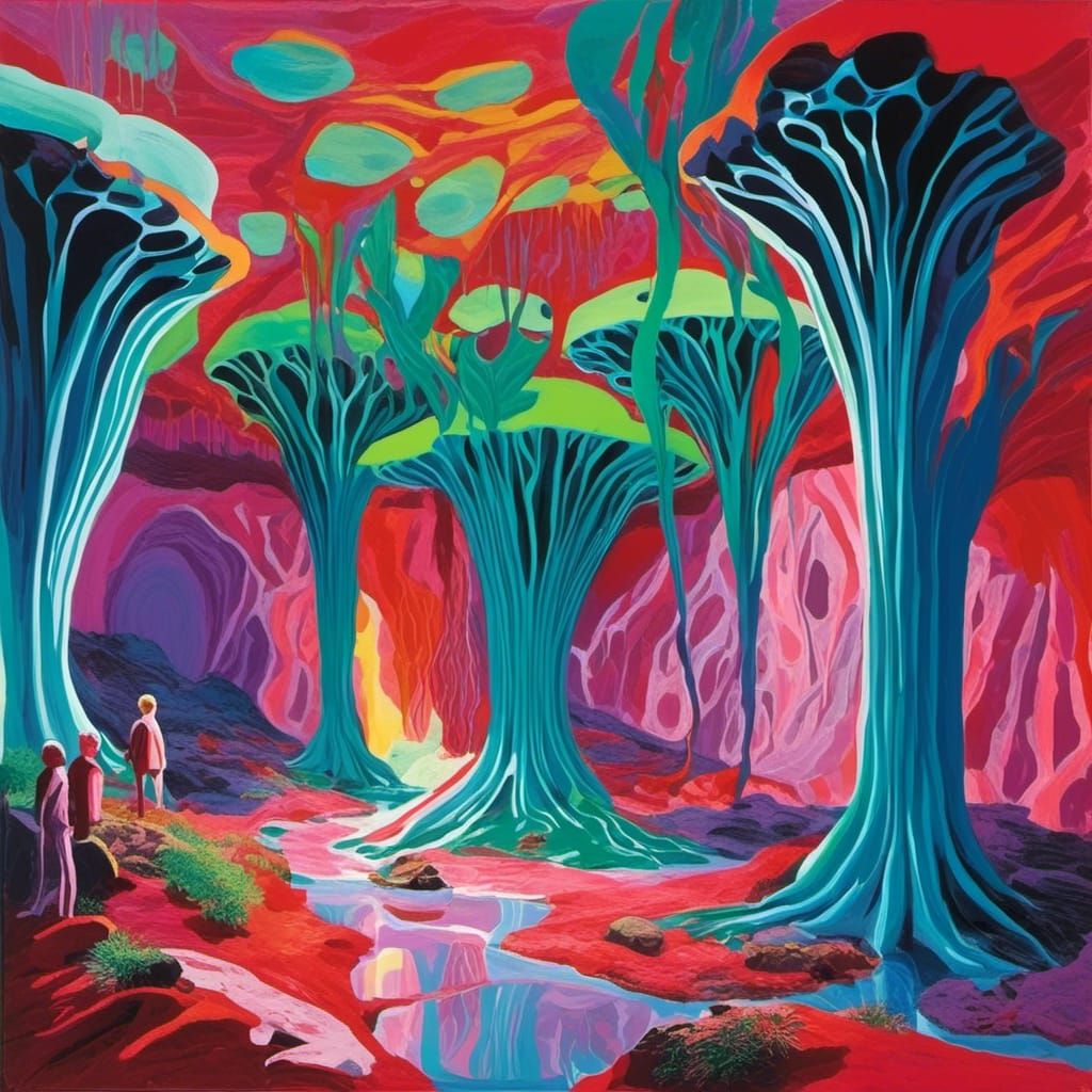 Psychedelic Echoing Caves in David Hockney Style