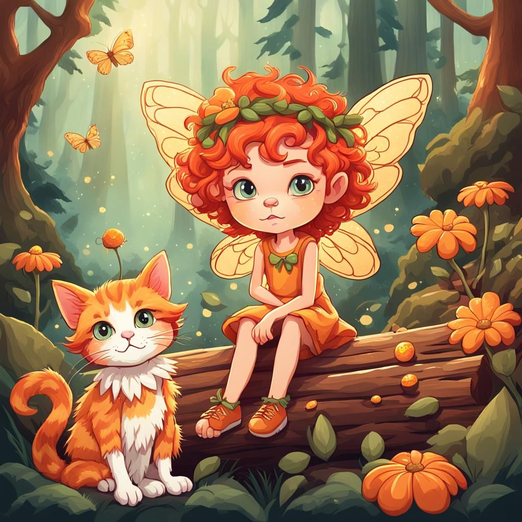 Cartoon Flower Fairy with Kitten in Forest