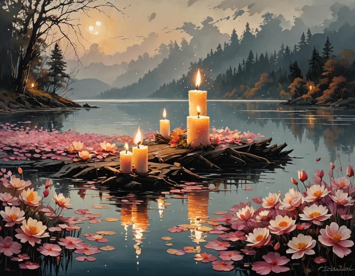 Candlelit Petal Tidal Wave in Pointillist Splash Art