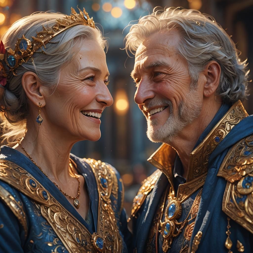 Smiling Older Couple with Golden Art Deco Details