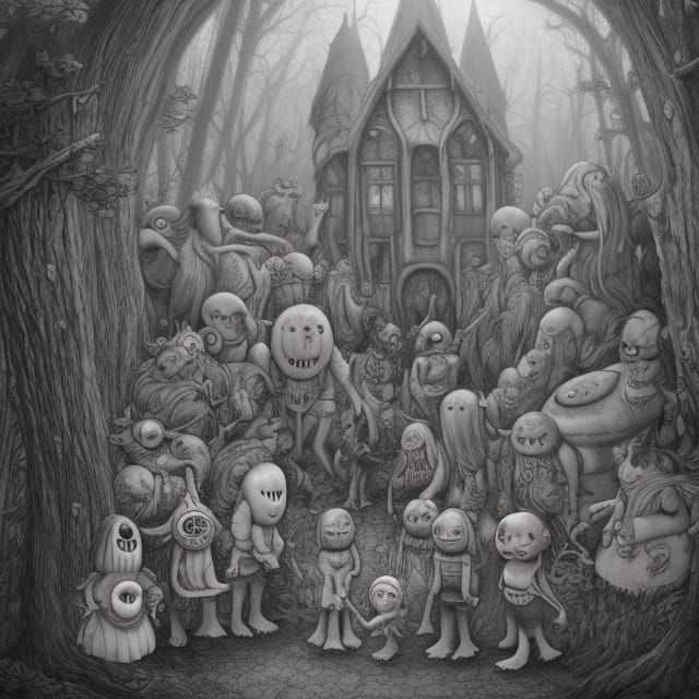 Monsters Family Portrait in Forest, Fantasy Art Style