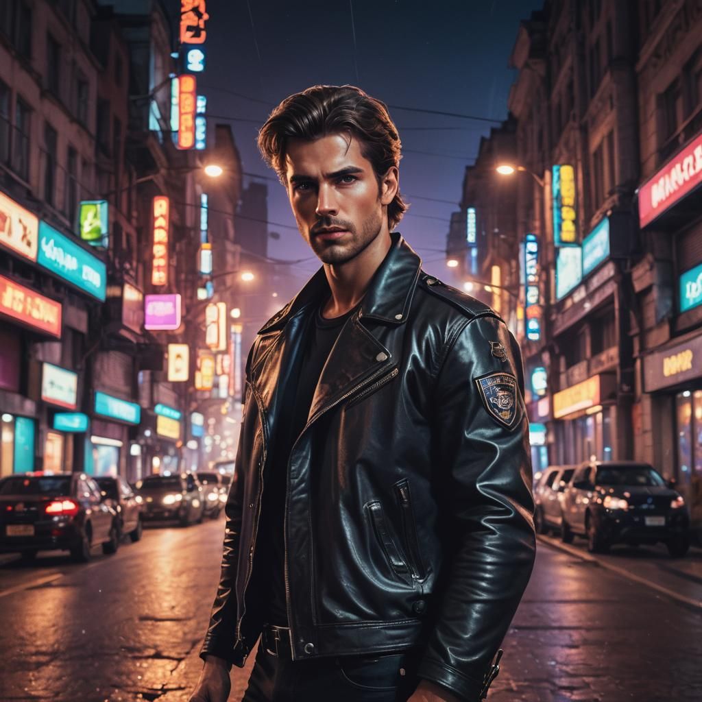 Handsome Policeman in Neon Lit Sci-Fi Street