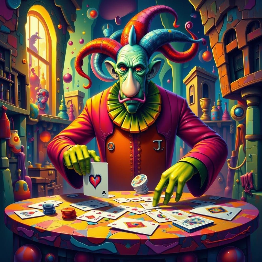 Jester Shuffles Cards in Surreal Liminal Space