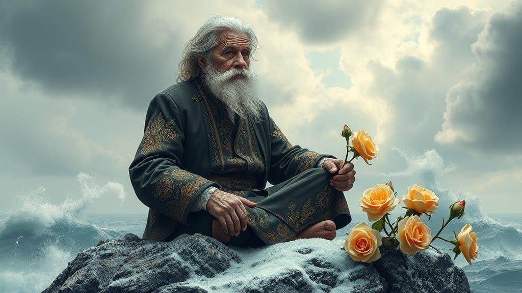 Epic Fantasy Portrait of a Wise Old Fisherman on a Rocky Cli...