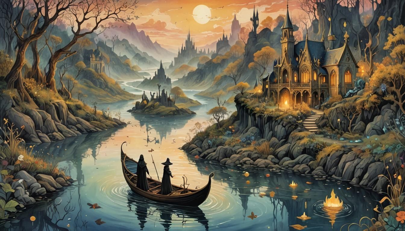 Golden River Styx Panorama in Watercolor and Ink