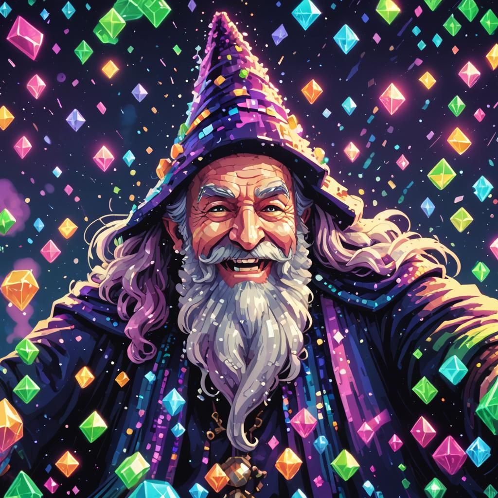 8-bit Wizard Swimming in Diamonds, Retro Pixel Art