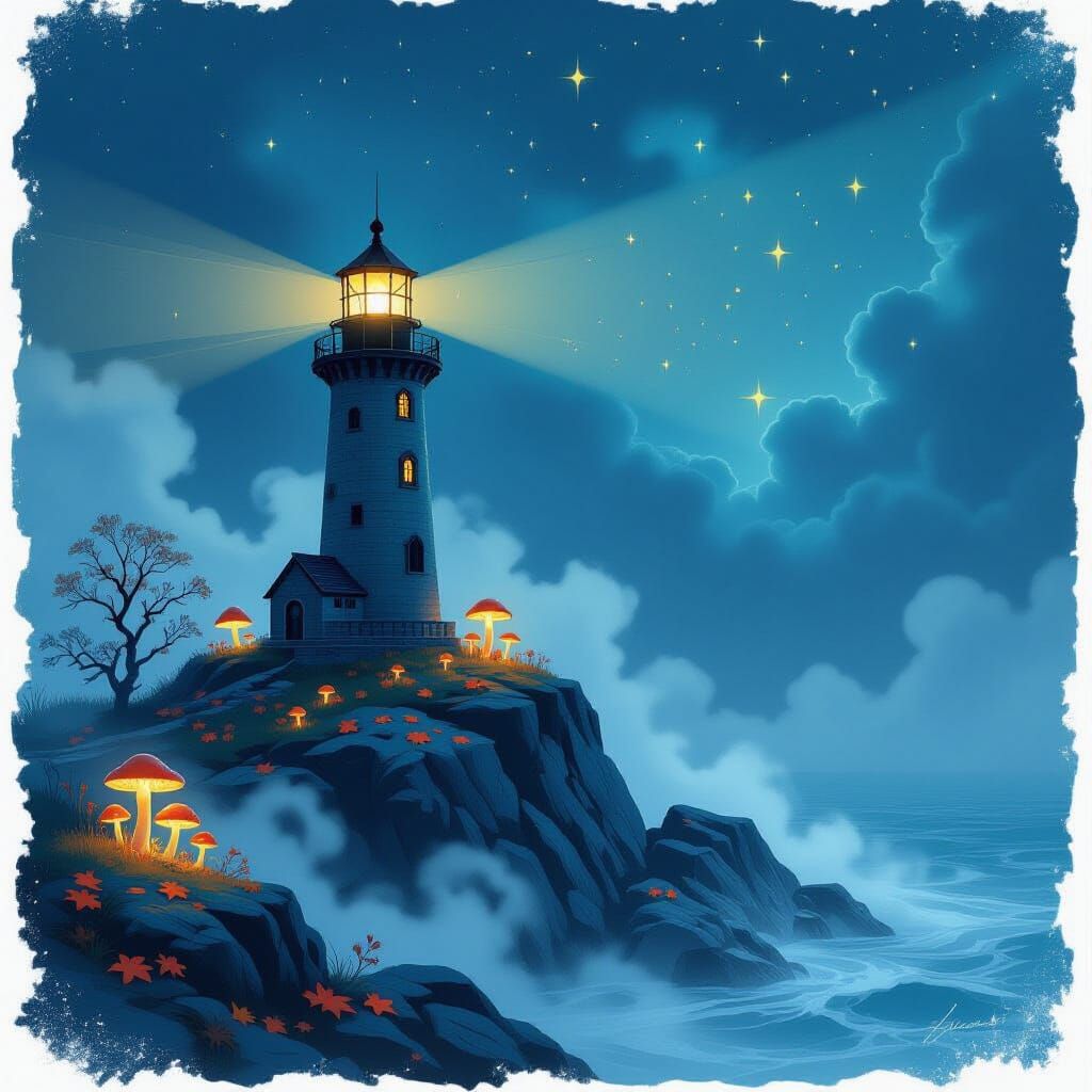 Enchanted Autumn Lighthouse in Ethereal Fog