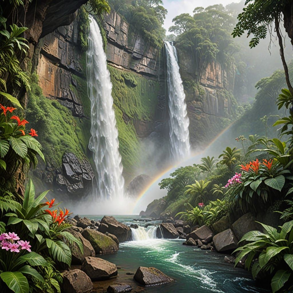 Vibrant African Waterfall in Exotic Jungle, Watercolor-Inspi...