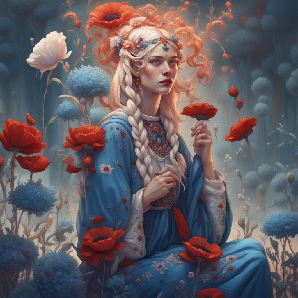 Slovak Woman with Flowers in James Jean Style