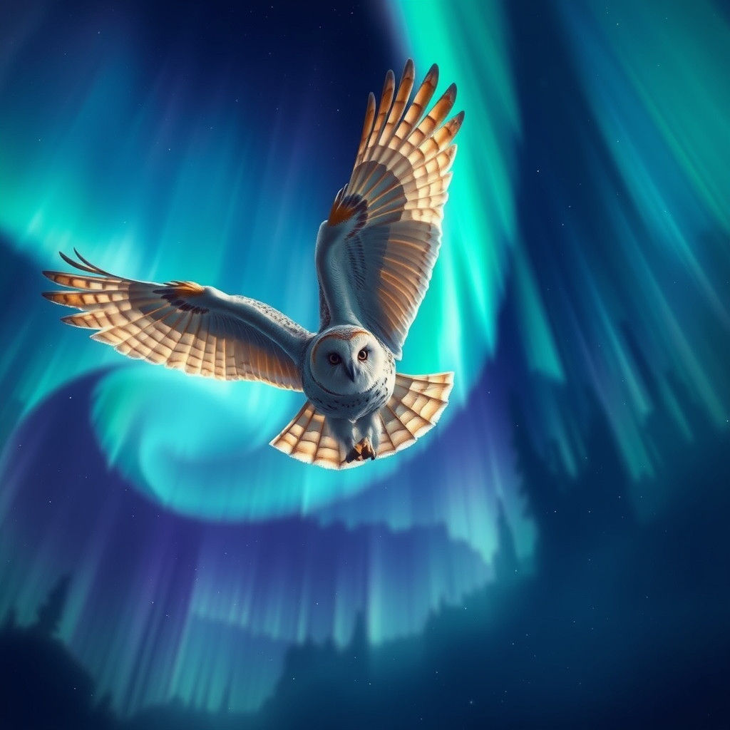 Barn Owl Soaring Through Aurora Borealis